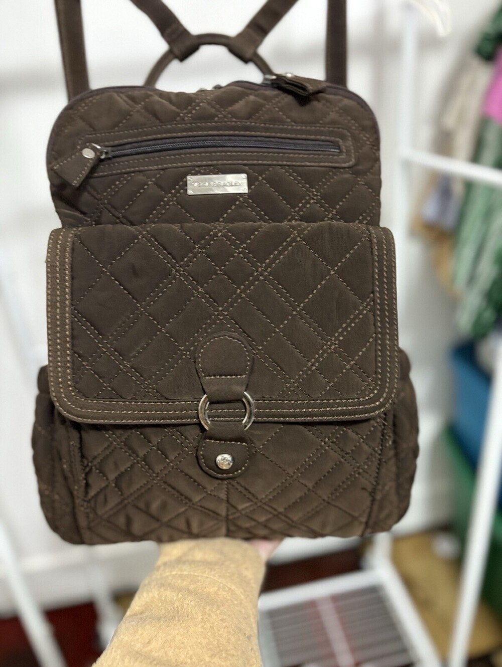 Vera Bradley Brown Quilted Fabric Buckle Front Pocket Backpack & Long Wallet Set
